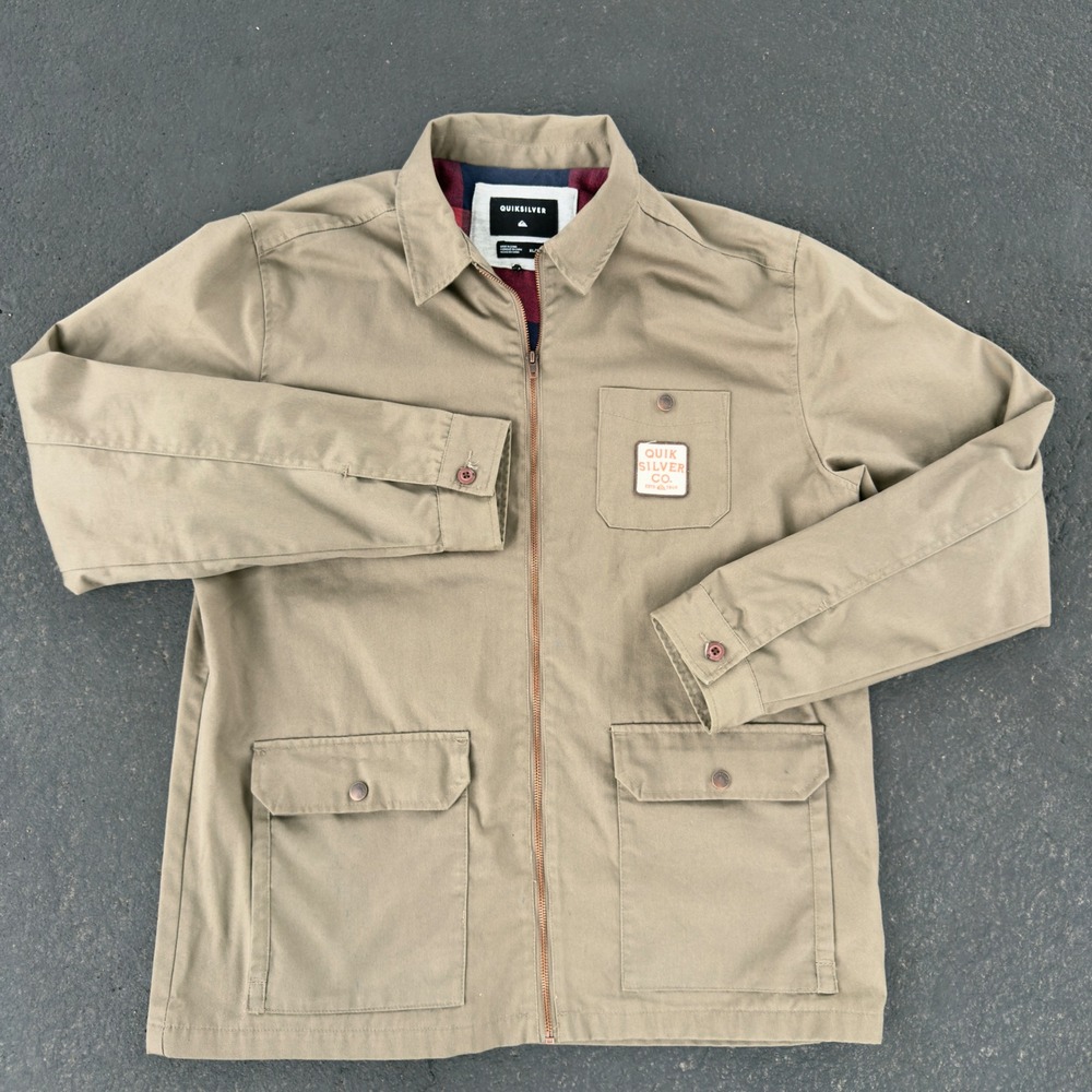 Quiksilver Flannel Lined Canvas Utility Jacket Mens XL Tan Workwear Full Zip